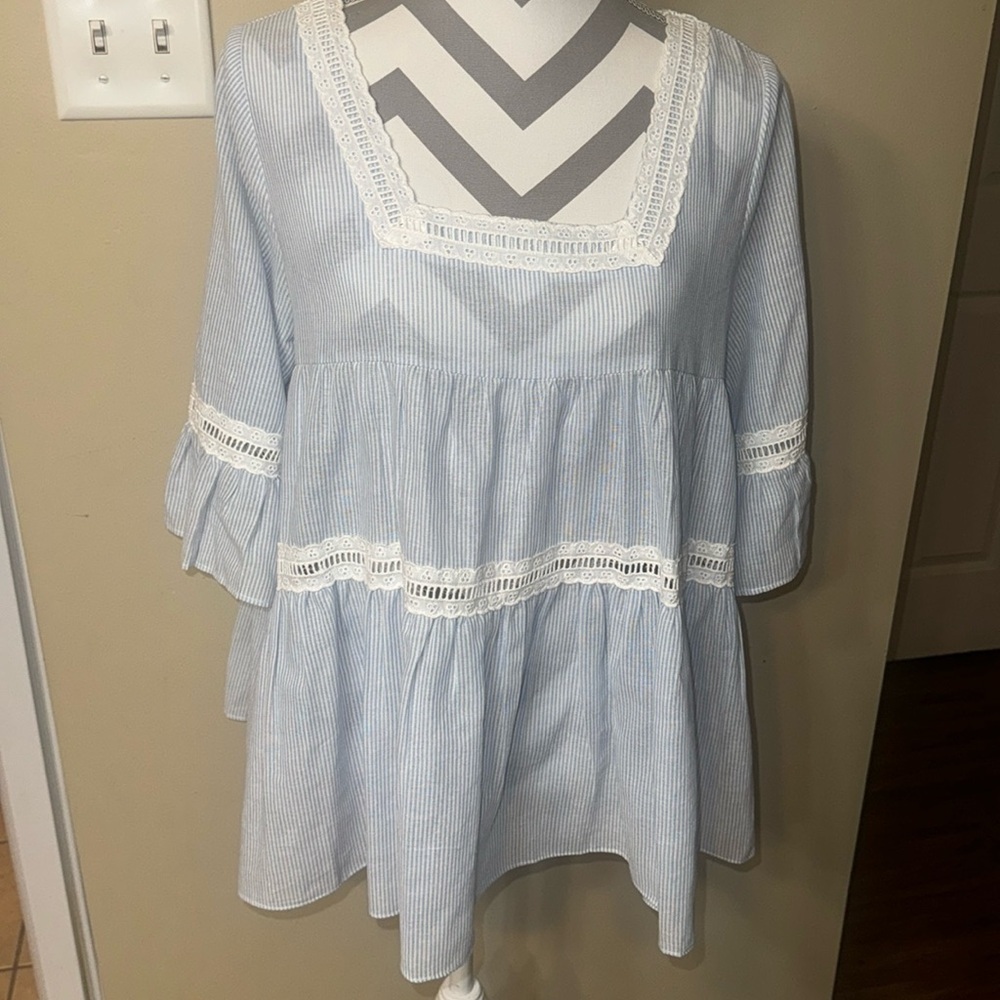 Light Blue and White Striped Blouse with White Trim by Kye Mi - Size Medium
